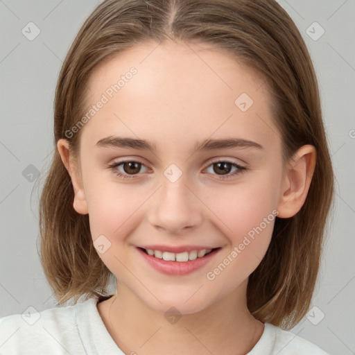 Joyful white child female with medium  brown hair and brown eyes