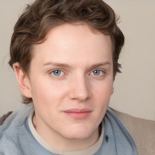 Joyful white young-adult female with short  brown hair and blue eyes