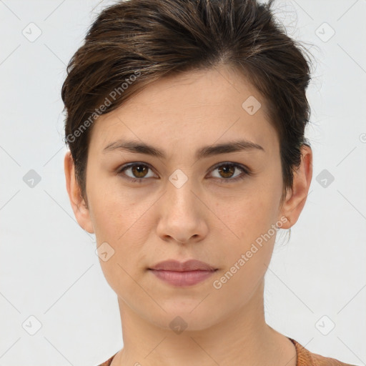 Neutral white young-adult female with medium  brown hair and brown eyes