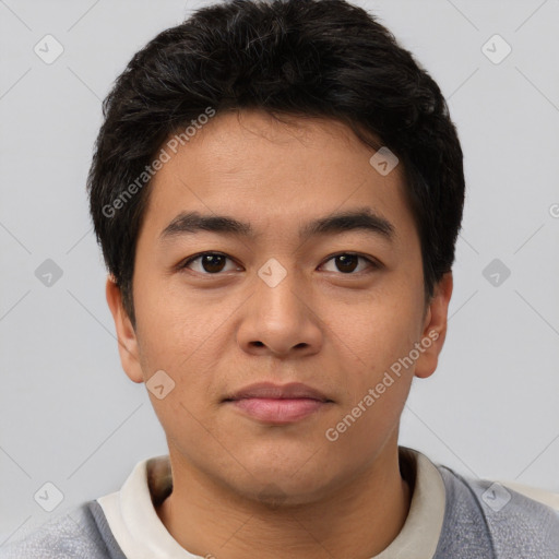 Neutral asian young-adult male with short  black hair and brown eyes