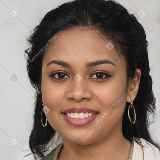 Joyful latino young-adult female with long  brown hair and brown eyes