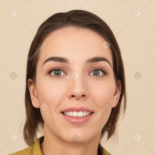 Joyful white young-adult female with medium  brown hair and brown eyes