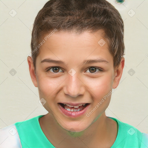 Joyful white child male with short  brown hair and brown eyes