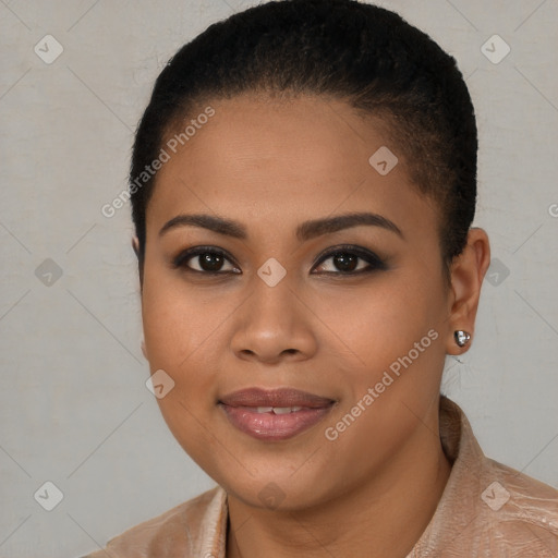 Joyful latino young-adult female with short  black hair and brown eyes