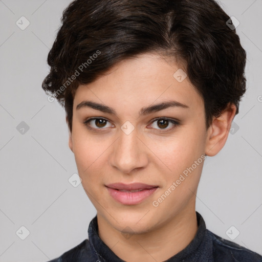 Joyful white young-adult female with short  brown hair and brown eyes