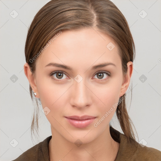 Neutral white young-adult female with medium  brown hair and brown eyes