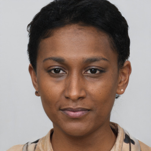 Neutral black young-adult female with short  brown hair and brown eyes