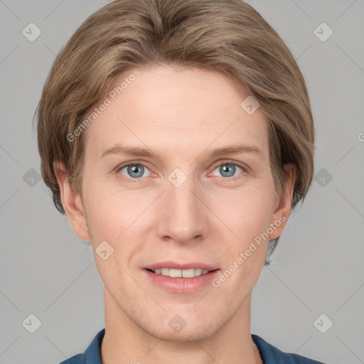 Joyful white young-adult female with short  brown hair and grey eyes