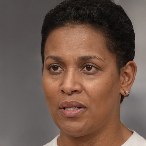 Joyful black adult female with short  brown hair and brown eyes