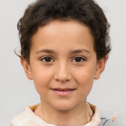 Joyful white child female with short  brown hair and brown eyes