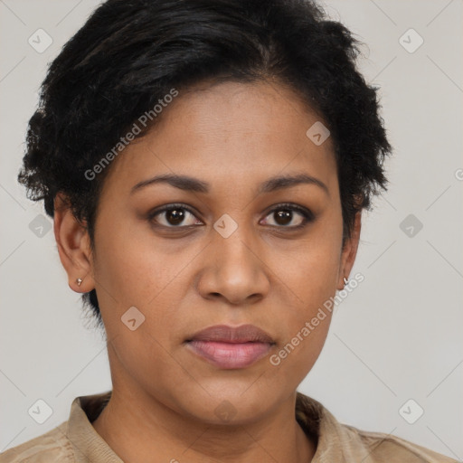 Joyful latino young-adult female with short  brown hair and brown eyes