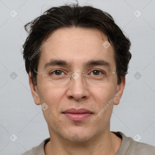 Joyful white adult male with short  brown hair and grey eyes