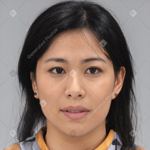 Neutral asian young-adult female with medium  brown hair and brown eyes