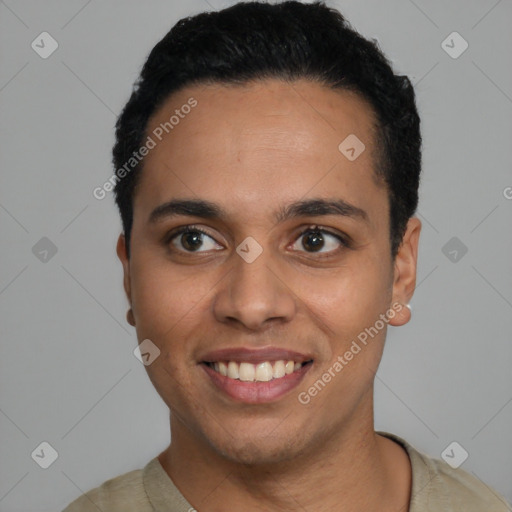 Joyful latino young-adult male with short  black hair and brown eyes