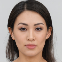 Neutral asian young-adult female with medium  brown hair and brown eyes