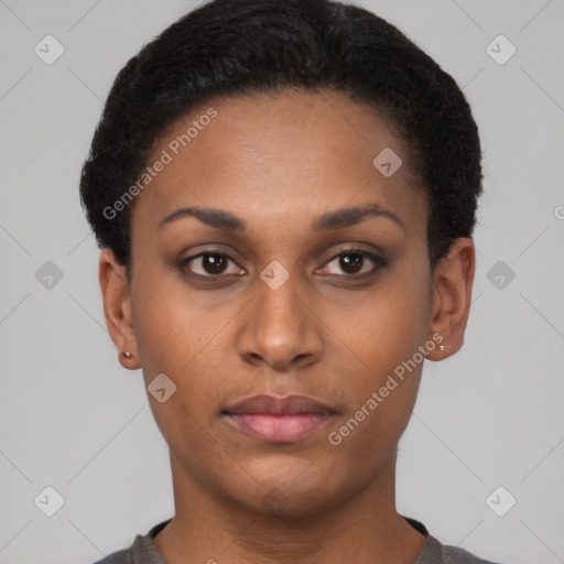 Neutral latino young-adult female with short  black hair and brown eyes