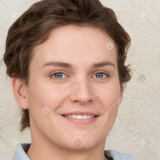 Joyful white young-adult female with short  brown hair and blue eyes