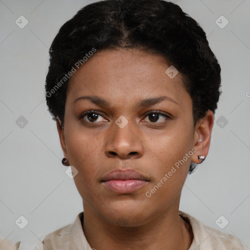 Neutral black young-adult female with short  brown hair and brown eyes