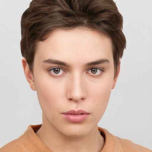 Neutral white young-adult female with short  brown hair and grey eyes