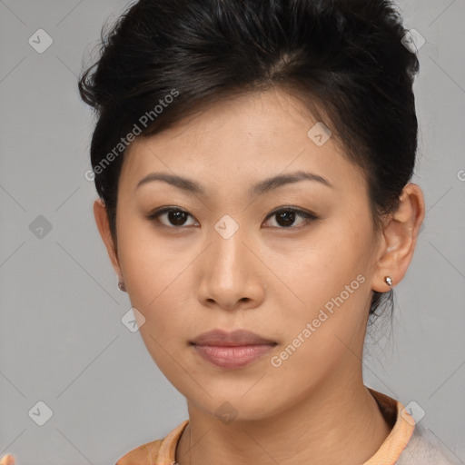 Neutral asian young-adult female with short  brown hair and brown eyes