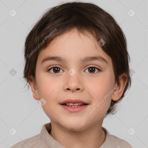 Joyful white child female with medium  brown hair and brown eyes