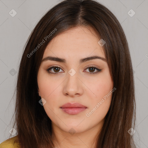 Neutral white young-adult female with long  brown hair and brown eyes