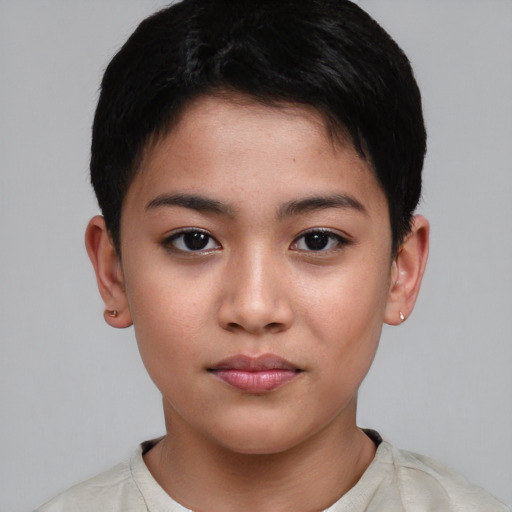 Neutral asian young-adult female with short  black hair and brown eyes