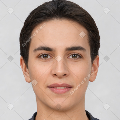 Joyful white young-adult male with short  brown hair and brown eyes