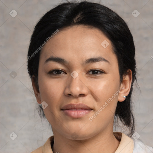 Joyful asian young-adult female with medium  black hair and brown eyes