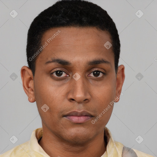 Neutral latino young-adult male with short  black hair and brown eyes