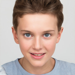 Joyful white child female with short  brown hair and grey eyes