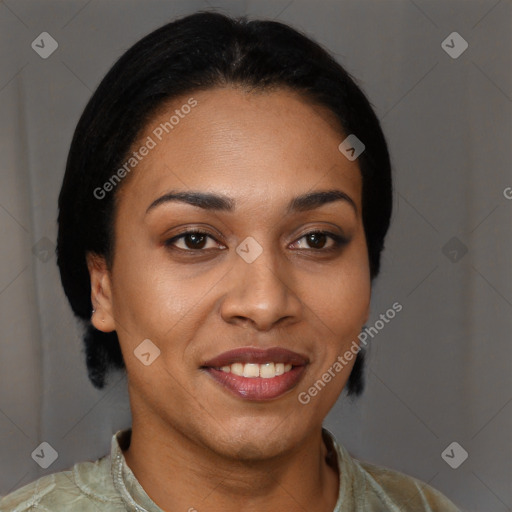 Joyful latino young-adult female with long  brown hair and brown eyes