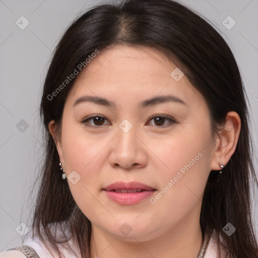 Joyful white young-adult female with medium  brown hair and brown eyes