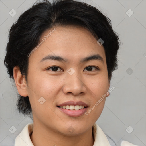 Joyful asian young-adult female with short  brown hair and brown eyes