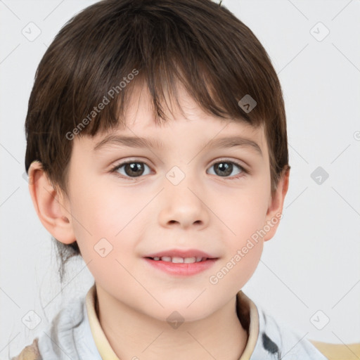 Joyful white child female with short  brown hair and brown eyes