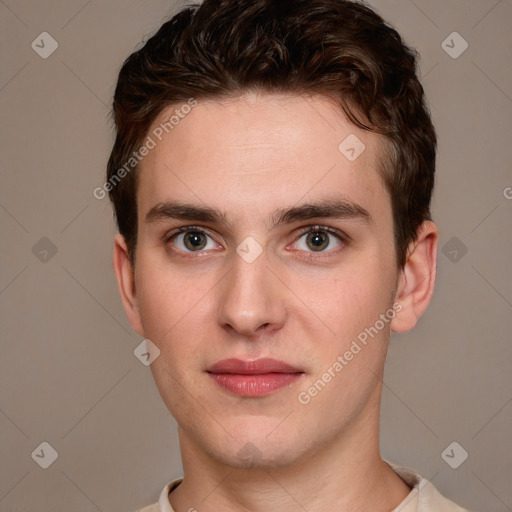 Neutral white young-adult male with short  brown hair and brown eyes