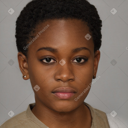 Neutral black young-adult female with short  brown hair and brown eyes