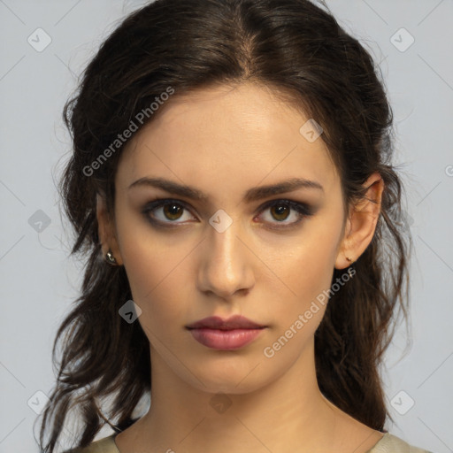 Neutral white young-adult female with medium  brown hair and brown eyes