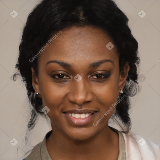 Joyful black young-adult female with medium  black hair and brown eyes