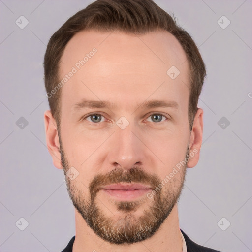 Neutral white young-adult male with short  brown hair and grey eyes