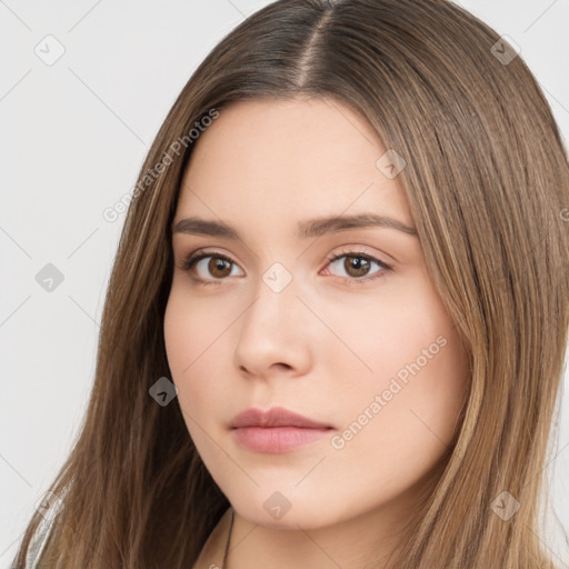 Neutral white young-adult female with long  brown hair and brown eyes