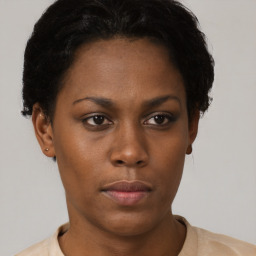 Neutral black young-adult female with short  brown hair and brown eyes