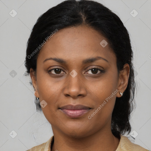 Joyful black young-adult female with medium  black hair and brown eyes