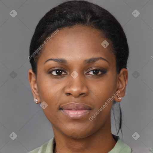 Joyful black young-adult female with medium  black hair and brown eyes