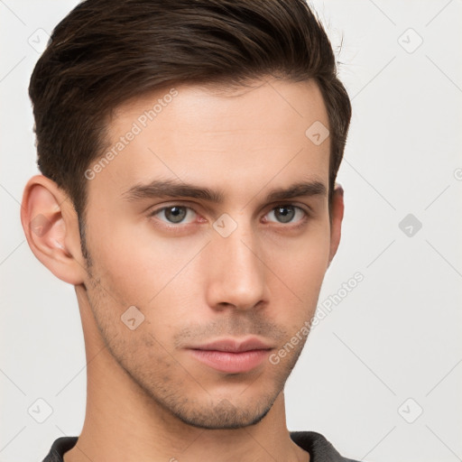 Neutral white young-adult male with short  brown hair and brown eyes