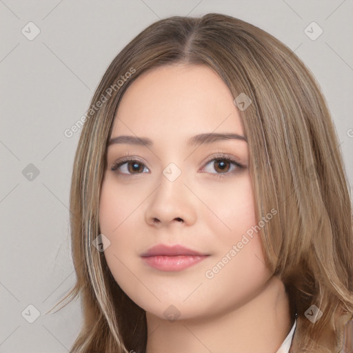 Neutral white young-adult female with long  brown hair and brown eyes