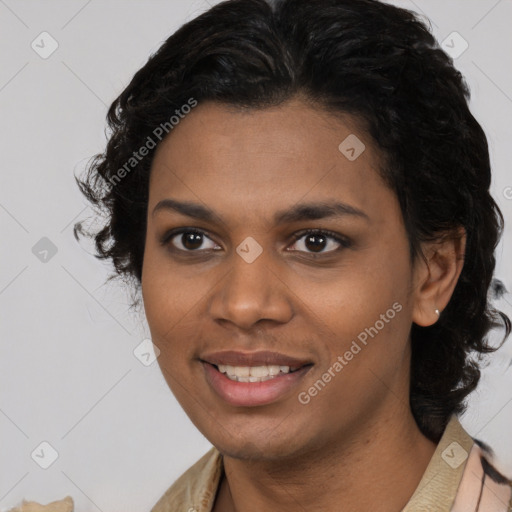 Joyful black young-adult female with medium  brown hair and brown eyes