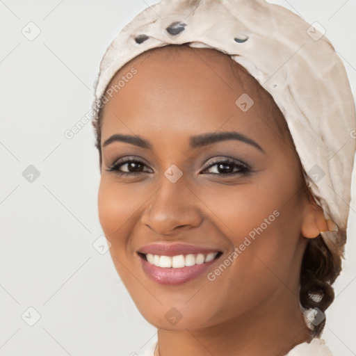 Joyful latino young-adult female with long  black hair and brown eyes