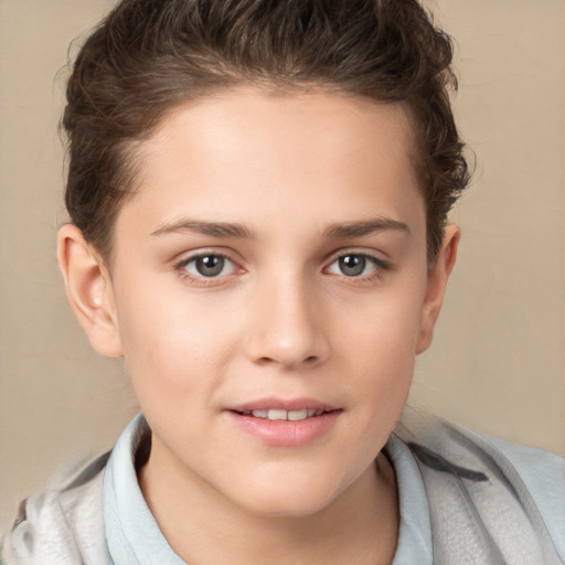 Joyful white child female with short  brown hair and brown eyes