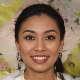 Joyful white young-adult female with medium  black hair and brown eyes